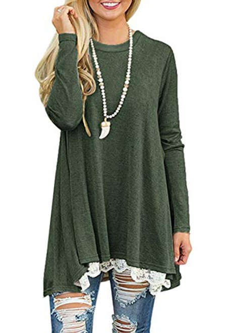 Women's Crew Neck Long Sleeve Lace Splicing Swing Shirt Dresses Long Tunic Blouses Shirts for Leggings Green