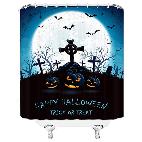 AMHNF Halloween Shower Curtain Horror Moon Pumpkin Cross Bat Dead Tree Spooky Home Bathroom Decor Quick Dry Fabric with 12 Hooks?70x70 Inch?White Black
