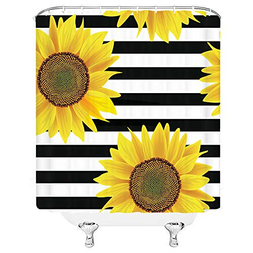 AMHNF Sunflower Shower Curtain Yellow Flower Geometric Black and White Stripes Creative Concise Floral Pattern Home Bathroom Decor Quick Dry Fabric with 12 Hooks?70x70 Inch?Yellow