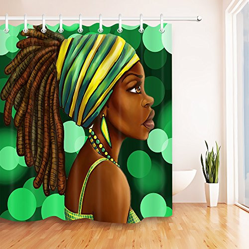 LB Afro Woman Shower Curtain Set for Bathroom, African American Lady Decor for Bathroom, 70x70 Fabric Shower Curtain Waterproof