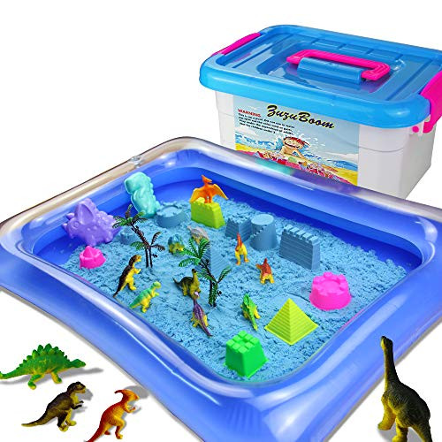 ZUZU BOOM Play Sand Toys and Sand Molds Kit - Set Includes: 2 Pound Play Sand, 42 Pieces Sand Molds, Dinosaur Toys, Inflatable Tray, Storage Box, Castle
