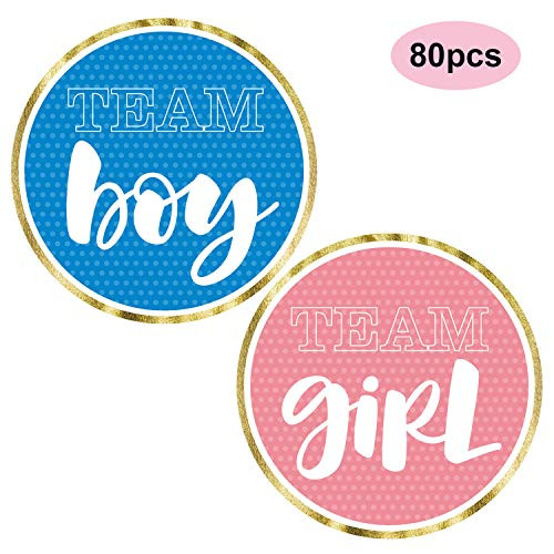 Gold Gender Reveal Stickers, Team boy or Team Girl Baby Shower Sticker Labels, Perfect Gender Reveal Party Supplies, Baby Shower Party Favors, Pink or Blue, 80 Pack, 2 Inches.