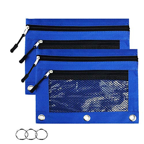 Binder Pencil Pouches,2 Pack 3 Ring Pencil Pouch with Zipper Puller-Pencil Case with Double Pocket and Mesh Window (Black)