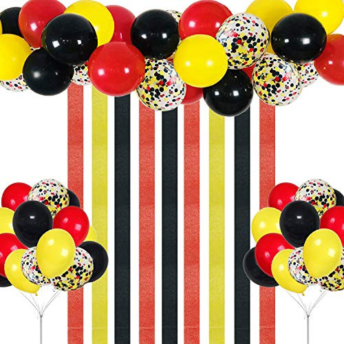 Mickey Party Balloons Arch Kit, 55pcs 12 Inch Red Black Yellow Confetti Latex Balloons with Crepe Paper Streamers for Baby Shower Mickey Themed Birthday Party Decorations Supplies