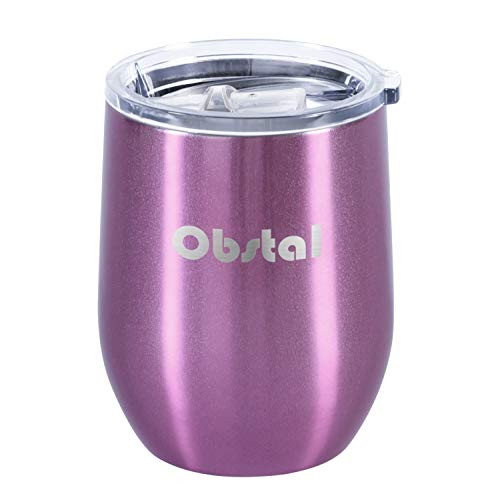 Obstal 16 oz Insulated Wine Tumbler, Stainless Steel Wine Glass with Clear Lid - Double Wall Vacuum Stemless Tumbler for Wine, Coffee, Fuchsia