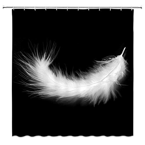 BCNEW Feather Shower Curtain Decor White Feather Black Background Bathroom Curtain Polyester Fabric Machine Washable with Hooks 70x70 Inches