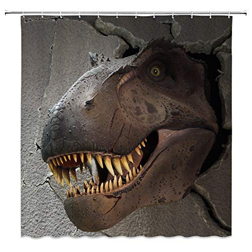 AMNYSF Dinosaur Head in Cement Wall Hole Decor Shower Curtain Jurassic World Wildlife Brown and Gray Fabric Bathroom Curtains,70x70 Inch Waterproof Polyester with Hooks