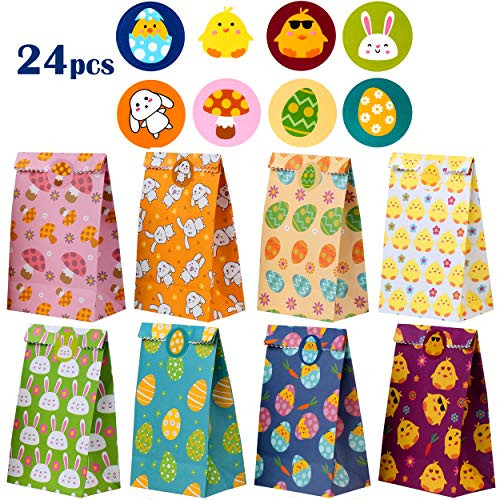 DIYASY 24 Pcs Easter Paper Candy Bags,Bunny Chick and Egg Treat Gift Bags with Match Stickers for Easter Party Favor.