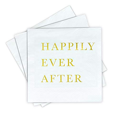 Gold Cocktail Napkins, Wedding Party Napkins - Happily Ever After Disposable Paper Napkins for Wedding Reception, Engagement Party, Bridal Shower, Anniversary, 3-Ply Gold Napkins by Sunshine Supply
