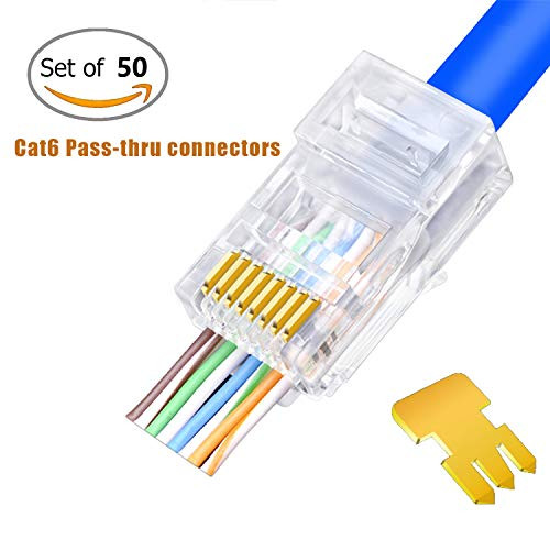 Shielded RJ45 Cat6 Connectors - Pass Through Connector Gold Plated 3 Prong 8P8C Modular Plugs for Shielded Cat6 Cable(50Pack)