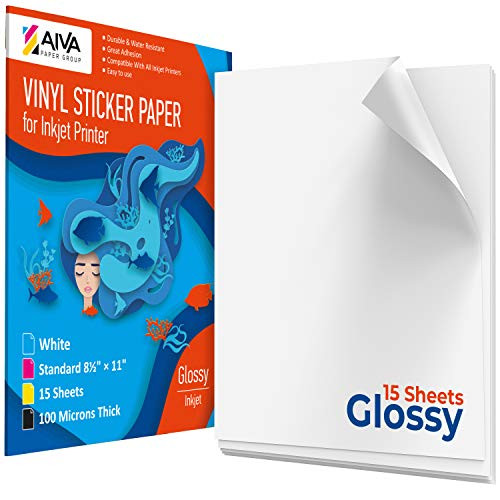 Printable Vinyl Sticker Paper - Waterproof Decal Paper for Inkjet Printer - 15 Self-Adhesive Sheets - Glossy White - Standard Letter Size 8.5"x11"