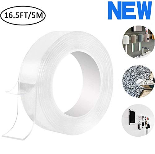Feilifan Multipurpose Nano Double Sided Tape, 16.5 FT Transparent Gel Grip Adhesive Tape Anti-Slip Sticky Strips Reusable Tape Traceless Washable Tape for Photos Wall Decor Fix Carpet Mats