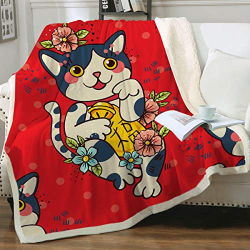 Sleepwish Cat Fleece Throw Blanket Girls Kids Cute Animals Pet Pattern Sherpa Blanket for Bed Couch Chair Super Soft Warm and Comfy Cat Lover Gifts,Red Lucky Cat, Throw (50" X 60")