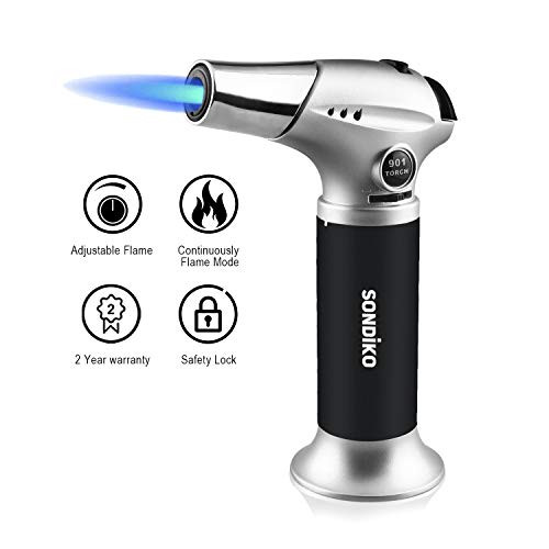 Sondiko Torch Lighter, Kitchen Torch, Refillable Kitchen Butane Blow Torch with Safety Lock and Adjustable Flame for DIY, Creme Brulee, BBQ and Baking, Butane Gas Not Included, Black