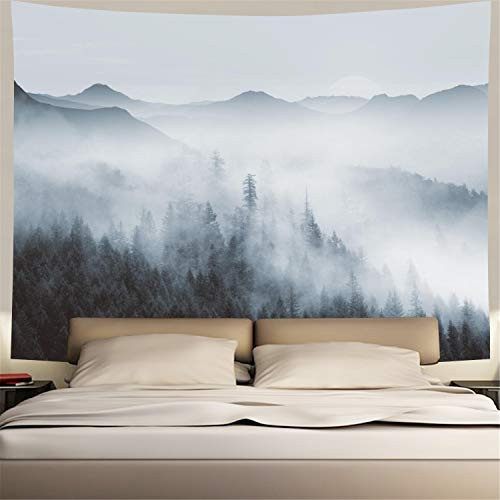 Heopapin Misty Forest Tapestry Forest Trees with Mountain Tapestry Black and White Fantastic Fog Magical Tapestry 3D Vision Nature Landscape Tapestry for Bedroom Living Room Dorm (W59.1 ?H51.2)