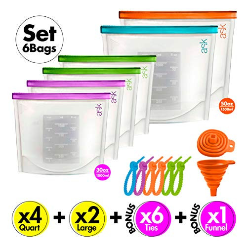 Silicone Bags Reusable Silicone Food Bag Reusable Sandwich Bags Reusable Ziplock Bags Silicone Storage Bags Silicon Containers Freezer Gallon Size Zip Snack Lunch Sous Vide 6 Pack Bonus