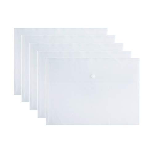 VANRA Poly File Folder Pockets File Jacket Plastic Envelope Flat Document Letter Organizer with Snap Button Closure A4 Letter Size (Pack of 5, Translucent)
