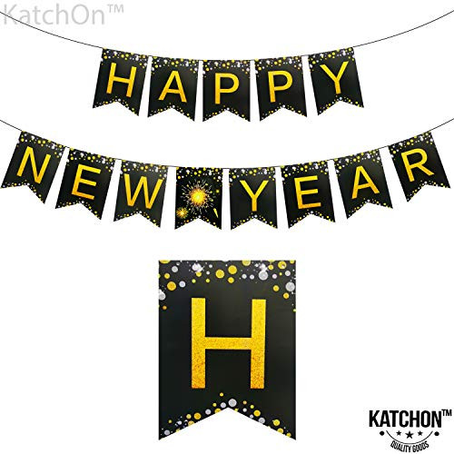 Happy New Year Banner Decorations  No DIY Required | New Years Eve Party Supplies 2020 | Happy New Year Party Decorations 2020 | Hanging Garland Sign |Black and Gold New Years Eve Party Supplies