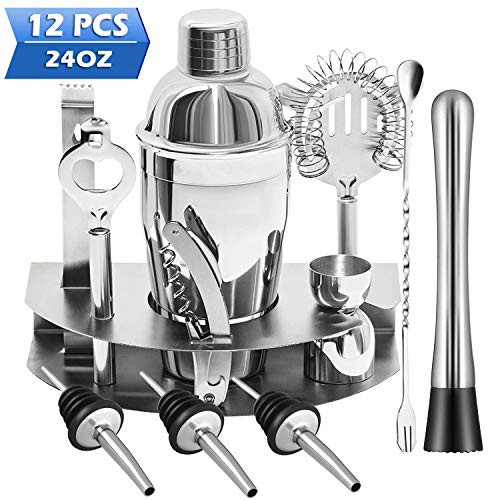 Cocktail Shaker Set, Bsyexcellent 12 Piece Bartender Kit Bar Tool with Bar Accessories, Stand, Stainless Steel Martini Mixer, Drink Mixing Spoon, jigger, Bottle Opener, Pour Spouts, Home Bartending