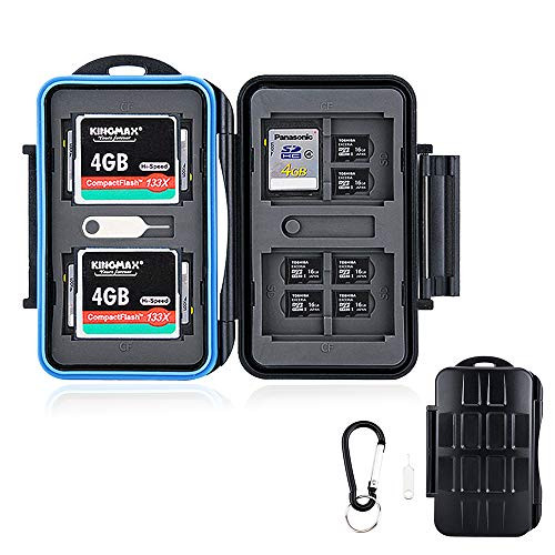 Micro SD Card Holder SD Card Case with Carabiner, Memory Card Case for 16 Micro SD Cards 8 SD Cards 4 CF Cards,Water-Resistant Anti-Shock