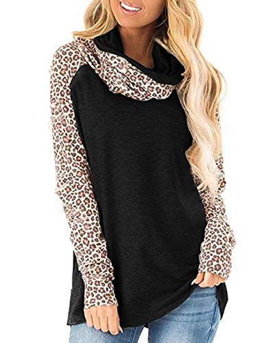 Kimiee Womens Long Sleeve Cowl Neck Casual Sweatshirt Pullover Workout Tunic Tops (XL, Y-Black Red Leopard)