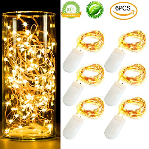 6PCS Fairy Lights Battery Operated 6.5Feet Copper Wire with 20 LED String Lights,Include 12PCS x CR2032 Batteries Starry String Lights for Party Xmas Wedding Table Decorations,Warm White