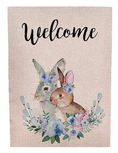 Zotemo Burlap Welcome Bunny Garden Flag with Flower Wreath, 12 Inch x 18 Inch Double Sided Vertical Flag for Spring and Easter Yard Decorations