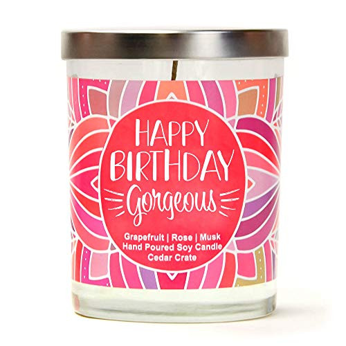 Happy Birthday Gorgeous Grapefruit, Rose, Musk Luxury Scented Soy Candles 10 Oz. Jar Candle Made in The USA| Decorative Aromatherapy Happy Birthday Gifts for Women Happy Birthday Candles