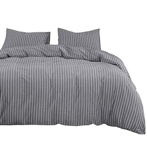 Wake In Cloud - Gray Striped Duvet Cover Set, 100% Washed Cotton Bedding, Grey with White Vertical Ticking Stripes Pattern Printed, with Zipper Closure (3pcs, Full Size)
