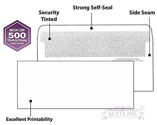 500#10 Security Envelopes, SELF-SEAL WindowLess Design, Security Tinted for Secure Mailing, 10 Envelope [White-24 LB] Size 4 1/8 x 9 1/2~Side Seam~ Excellent Printability - 500 Count -