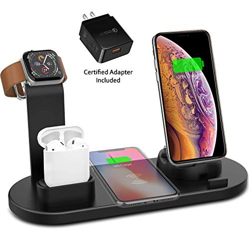 LEXONIX Wireless Charger 4 in 1 Wireless Charging Dock Compatible with Apple Watch 5 and Airpods Charging Station Fast Wireless Charging Stand for iPhone 11 11 Pro X XS XR Xs Max 8 8 Plus Black