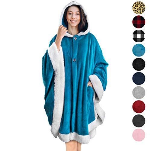 PAVILIA Angel Wrap Hooded Blanket | Throw Poncho Wrap with Soft Sherpa Fleece | Plush, Warm Wearable Blanket with Pockets for Women Gift (Sea Blue)