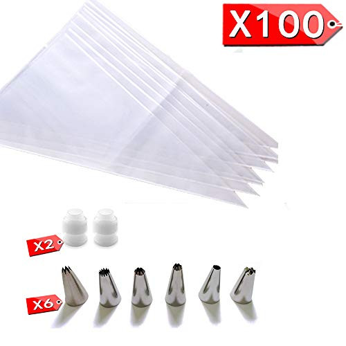 LARGE Piping Bag 16 Inch Decorating Piping Bags Set For Cake Cupcake Cake Decorating Bags Pastry Bag Disposable Cake Icing Decorating Reusable For Cookies 100PCS With 6 Decorating Tips 2 Coupler