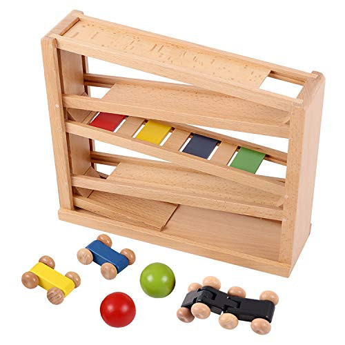 LUEUR Wooden Car Ramp Racer Toddlers Race Track Toy Ball Track with 3 Wooden Cars and 2 Balls for 1 2 3 4 Year Old Boy and Girl Gifts