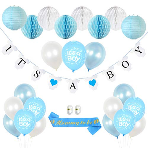Kitveda Baby Shower Decorations for Boy - It's a Boy Banner, Baby Shower Sash, Balloons, Honeycomb Balls, Lanterns - Baby Blue Baby Shower Backdrop Decorations for Baby Boy - 27 Piece Set