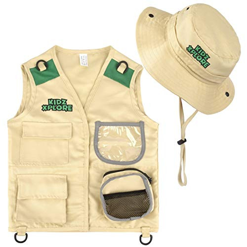 Kidz Xplore Outdoor Adventure Kit for Young Kids - Cargo Vest and Hat Set Backyard Explorer Safari Costume and Dress Up for Park Ranger, Paleontologist, Zoo Keeper Kid and Scavenger Hunt