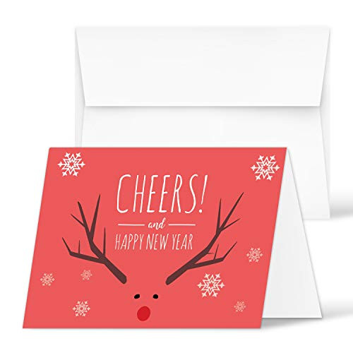 2020 Happy New Year Cards  Holiday Greetings Fold Over & Envelopes  for Christmas and New Years Gifts and Presents | 25 Folding Cards and 25 Envelopes per Pack | 4.25 x 5.5 (Red Cheers)