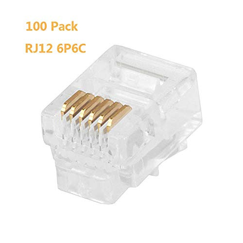 100 Pack RJ12 6P6C Plug, Uvital Transparent Telephone Jack Flat Cable Modular Plug Connector Clear Line Snap-in Crimp-On Plugs