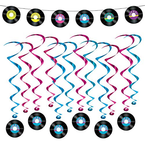 50s Party Decorations - Records Streamer and Rock & Roll Hanging Record Whirls
