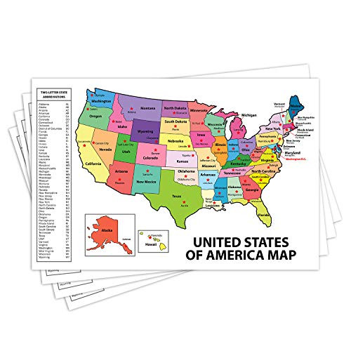 United States Map - USA Poster, US Educational Map - with State Capital - for Ages Kids to Adults - Home School Office - Printed on 12pt. Glossy Card Stock | Bulk Pack of 10 |11 x 17 Inches