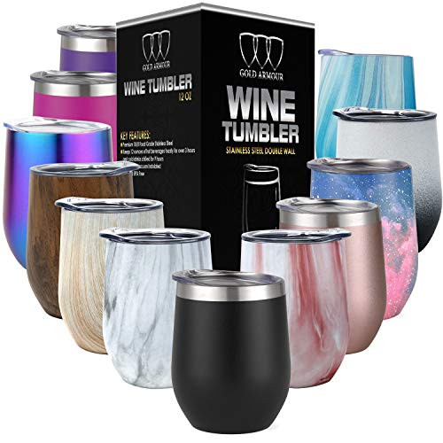 Stainless Steel Stemless Wine Glass Tumbler with Lid, 12 oz | Double Wall Vacuum Insulated Travel Tumbler Cup - Sweat Free, Unbreakable, BPA Free (Black, 12oz)