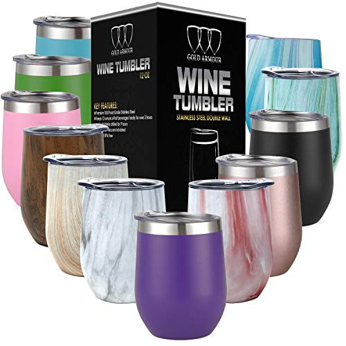 Stainless Steel Stemless Wine Glass Tumbler with Lid, 12 oz | Double Wall Vacuum Insulated Travel Tumbler Cup - Sweat Free, Unbreakable, BPA Free (Purple, 12oz)