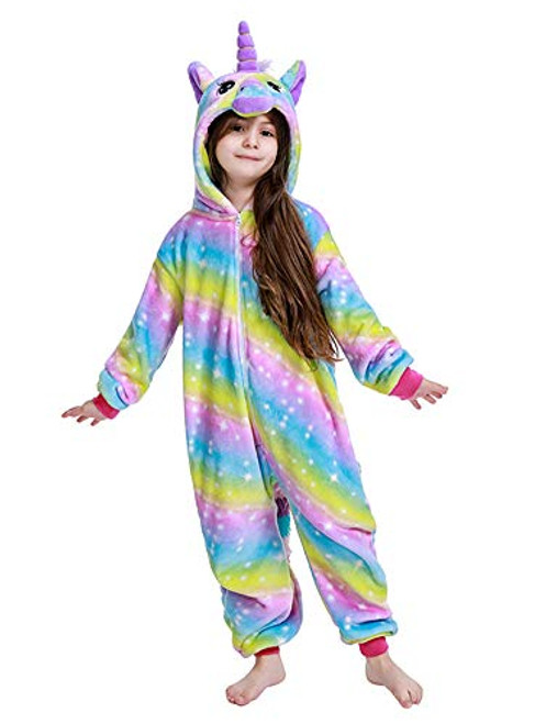 PlushCosplay Kids Unicorn Costume Onesie Rainbow Galaxy Animal Pajamas Halloween Cosplay Yellow 4-6T