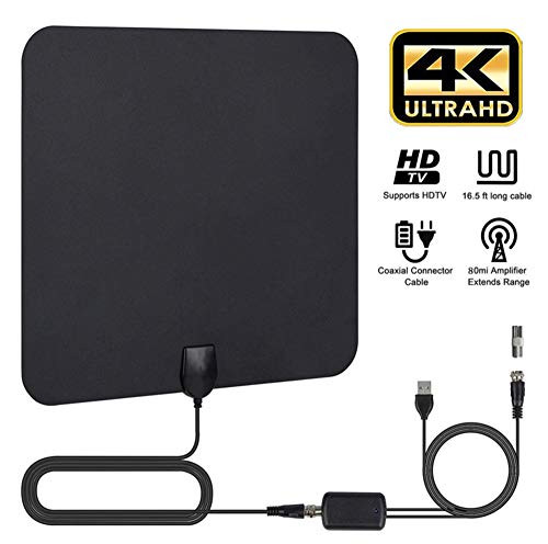 Indoor HD TV Antenna, 2019 Upgraded Digital Amplified 80-110 Mile Range HDTV Antenna 4K HD VHF UHF Freeview Television Local Channels Detachable Signal Amplifier and 16.5ft Longer Coax Cable