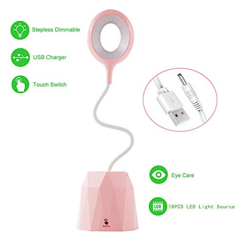 LED Desk Reading Lamp for Kids, Eye-Caring Table Lamps with USB Charging Port, Dimmable Eye Care Study Light with Pen Holder Pencil Cup,3-Level Touch Dimmer Night Light for Study/Read/Office(Pink)