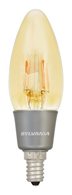 Sylvania Vintage LED Light Bulb, 40W Equivalent, Blunt Tip Candelabra Base B10 E12, Amber Glass Edison Filament Style, Warm White 2200K, Non-Dimmable Sylvania Vintage LED Light Bulb, 40W Equivalent, Blunt Tip Candelabra Base B10 E12, Amber Glass Edison Filament Style, Warm White 2200K, Non-Dimmable