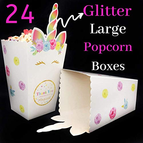 Unicorn Popcorn Boxes for Party GLITTER HORN (Pack of 24) Unicorn Party Supplies Favors Candy Containers for Baby Shower Decorations Treat or Movie Night