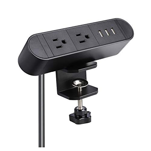 Desk Clamp Power Strip with 2 Outlet 3 USB,Aluminum Alloy Desktop Edge Power Strip,Removable Clamp Mount Multi-Outlets for Home Office Reading