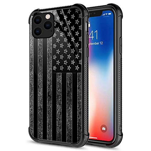 iPhone 11 Pro Max Case, Black and White American Flag iPhone 11 Pro Max Cases, Tempered Glass Back+Soft Silicone TPU Shock Protective Case for Apple iPhone 11 Pro Max