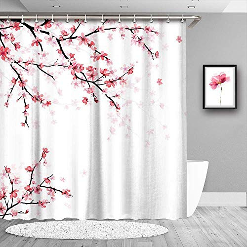 LIVILAN Pink Floral Shower Curtain Set with 12 Hooks, Fabric Bath Curtain Decorative Bathroom Accessories Machine Washable, 70.8" X 70.8", White and Pink